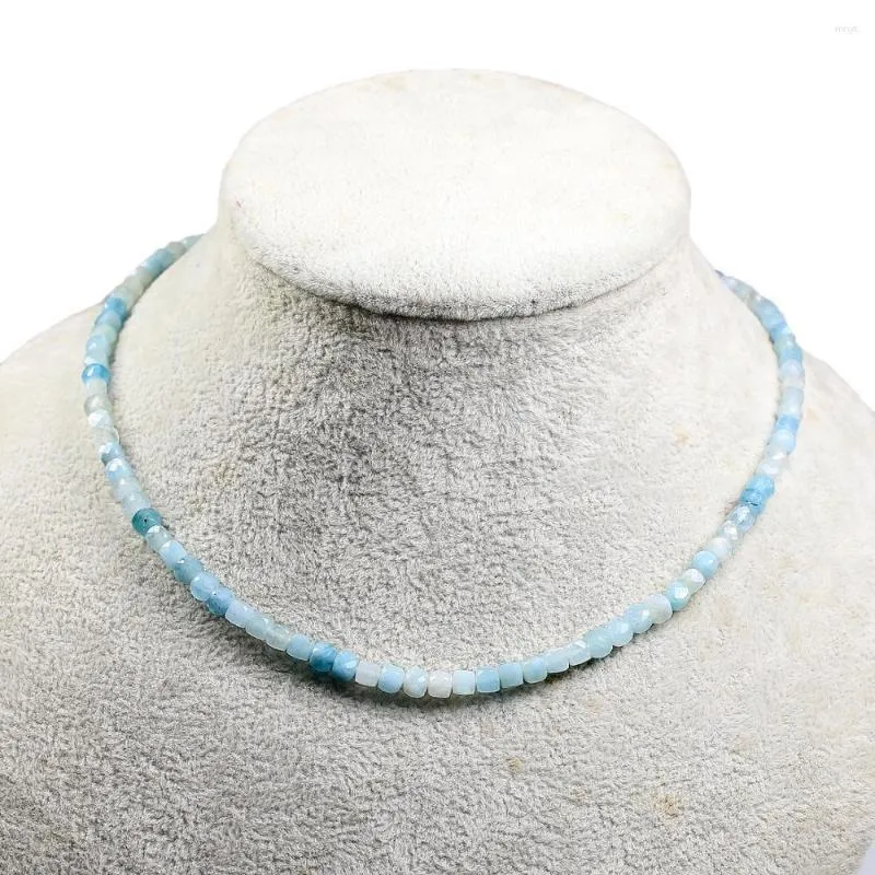 Hängen Natural Aquamarine Neckor for Women 4mm Cube ClaVicle Necklace Geometric Elements Jewerly 925 Silver Buckle 16,5 "Inch