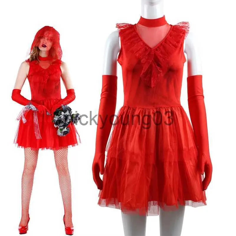 Tema traje halloween mary vermelho fantasma vestido de noiva horror morto zumbi cosplay traje mulher festa de halloween vermelho cosplay vestido x1010