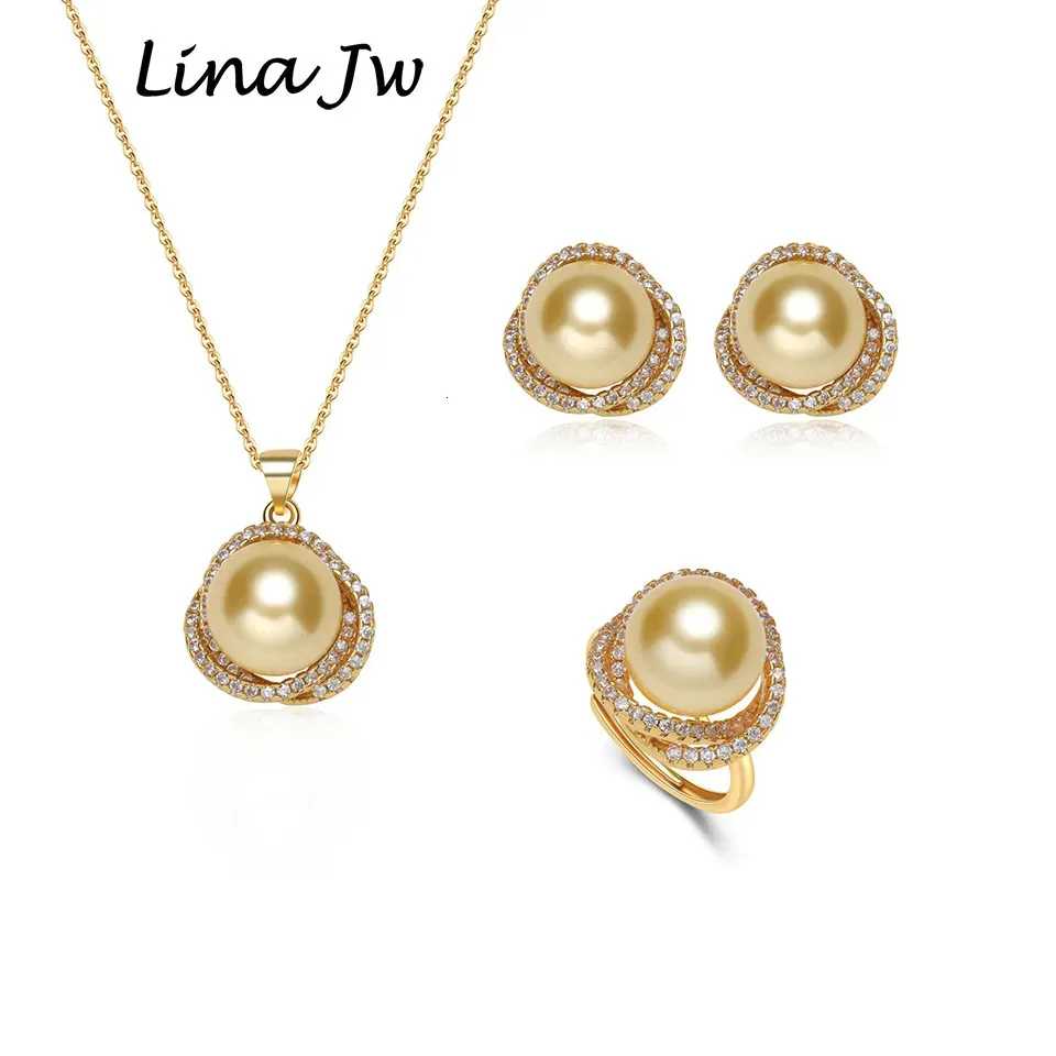 Pendentif Colliers South Sea Shell Pearl Gold Bijoux pour femmes Ensembles Collier Boucles d'oreilles Bague avec Zircon Party Anniversaire Cadeau de mariage 231010