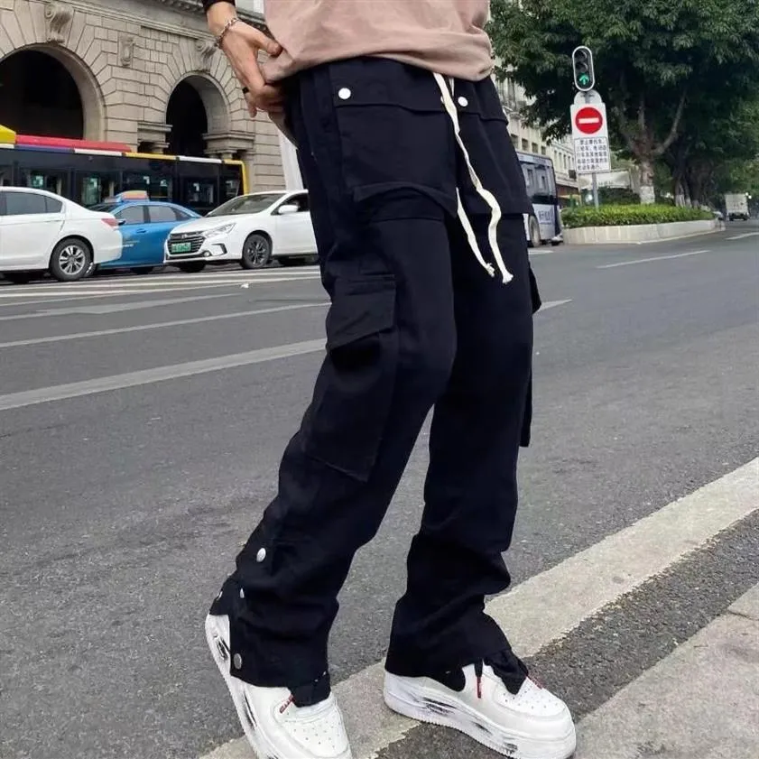 Men's Pants Black Cargo Mens Clothing Flare Trousers Europe And America Pocket High Street Harajuku Bell-bottom Male Sweatpan221q