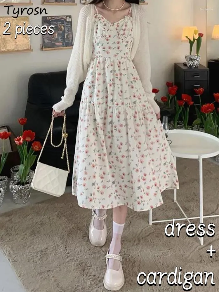 Vestidos de trabalho sem mangas conjuntos femininos floral casual fenda lateral doce design pradaria chique cardigan à prova de sol primavera elegante ulzzang senhoras