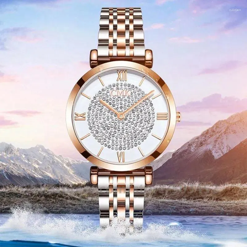 Wristwatches 100pcs/Lot Luxury Women Watches Round Flash Powder Surface Ladies Watch Casual Steel Belt Quartz Clock Relogio Wholesele