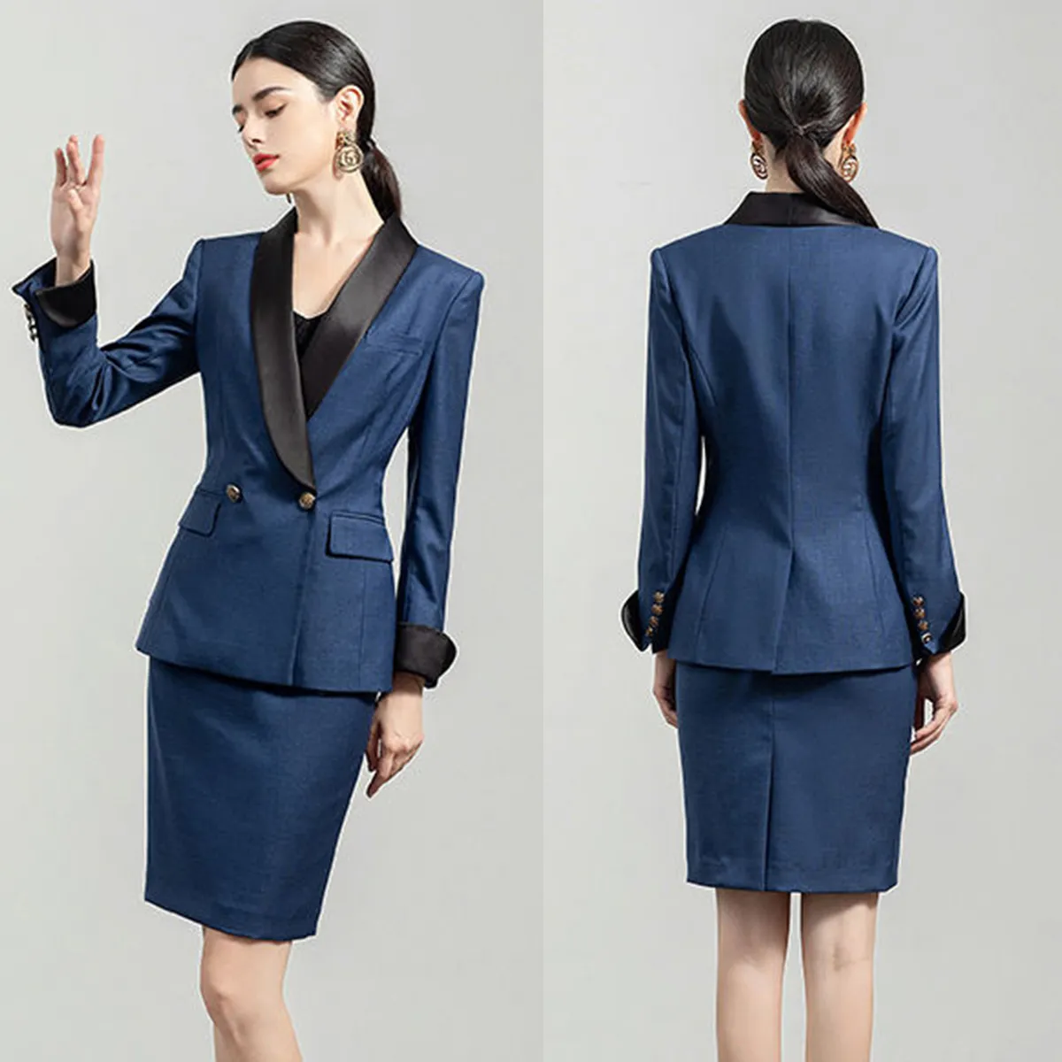 Office Lady Dress Suits Profesjonalne stroje 2 sztuki kontrastowy szal Lapel Blazer z topami i spódnicami