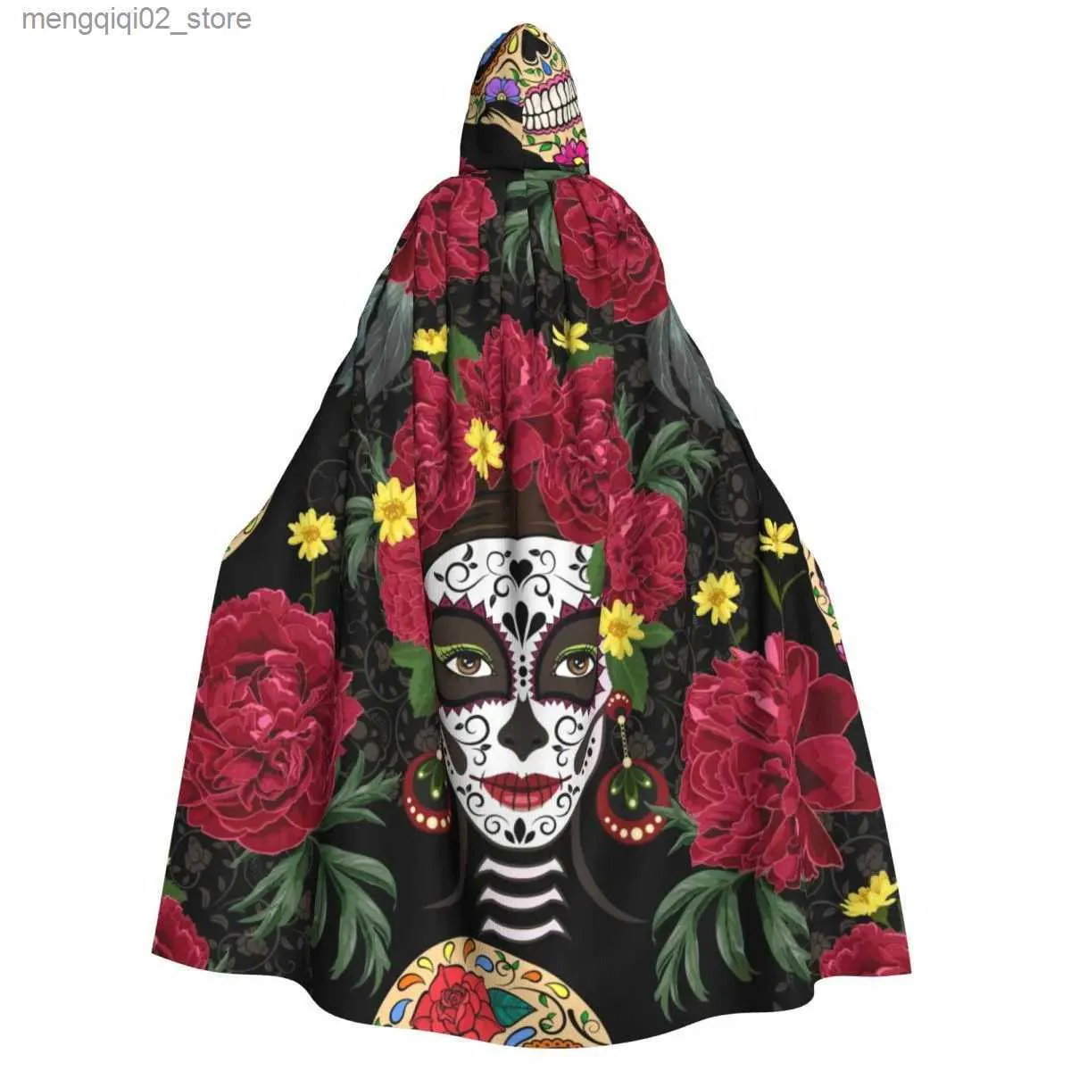 Temadräkt unisex vuxen calavera catrina i krans av pioner sockerskallar mantel med huva lång häxa cosplay q231010