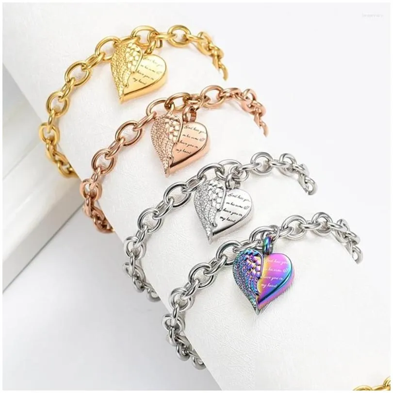 Charm Bracelets Charm Bracelets Heart Shape Cremation Jewelry Angel Wing Urn Bracelet For Ashes Women Men Keepsake Memorial Ash Holder Dhtkh