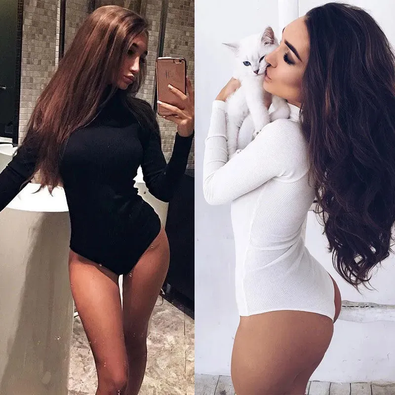 Kadın tulumları yükler moda seksi kadın balıkçı yaka bodycon bodysuit uzun kollu tulum siyah beyaz romper artı boyut S2XL 231010