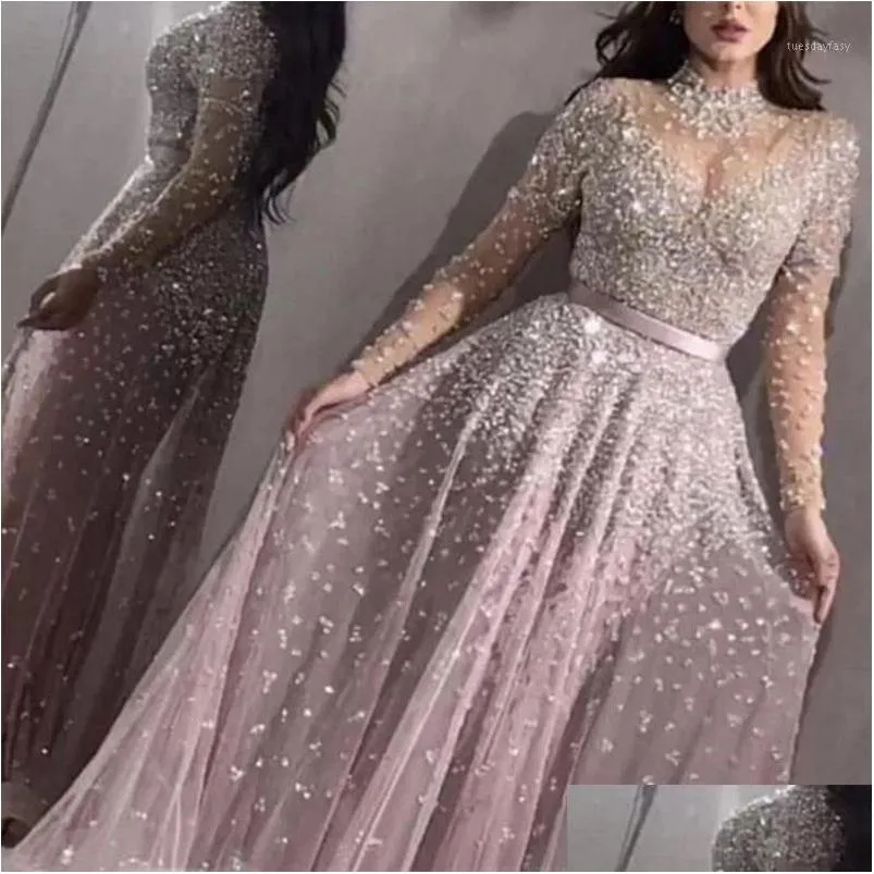 Abiti casual di base Abiti casual Donna Elegante serata formale Festa Maglia manica lunga Vita alta Paillettes Abito da sposa lucido Top Q Dhowz