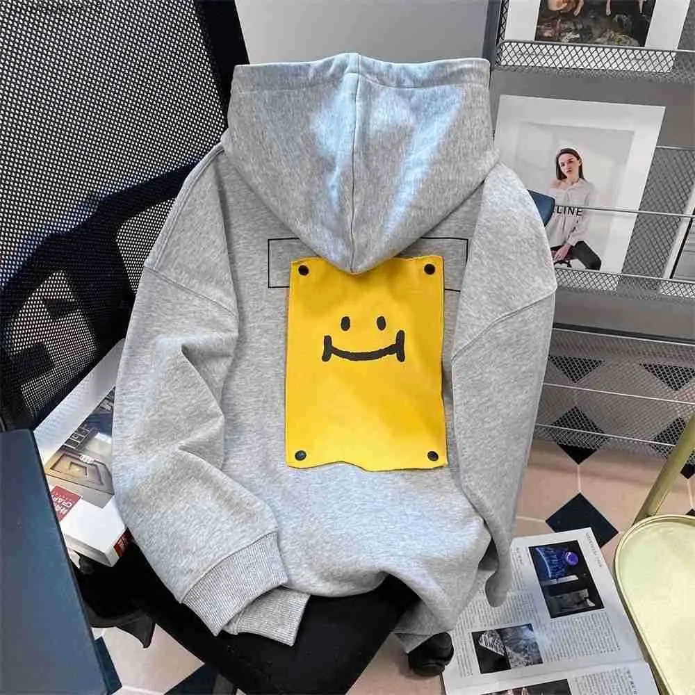 Mäns hoodies tröjor grå trendig etikett broderad smiley ansikte huvtröja för kvinnors vår och hösten amerikansk lat stil