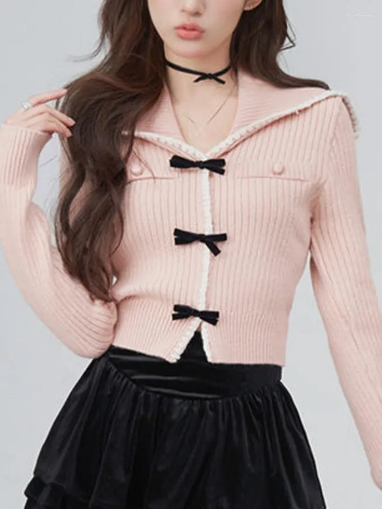 Malhas femininas outono moda coreana malha cardigan feminino gola de marinheiro kawaii doce camisola feminina arco-nó casual casaco vintage 2023
