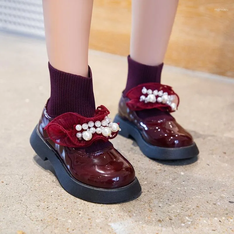 Boots Girls Fashion Patent Leather Children Elastic Socks 2023 String Bead Autumn Princess Slip-On Ankle Kids Shoes