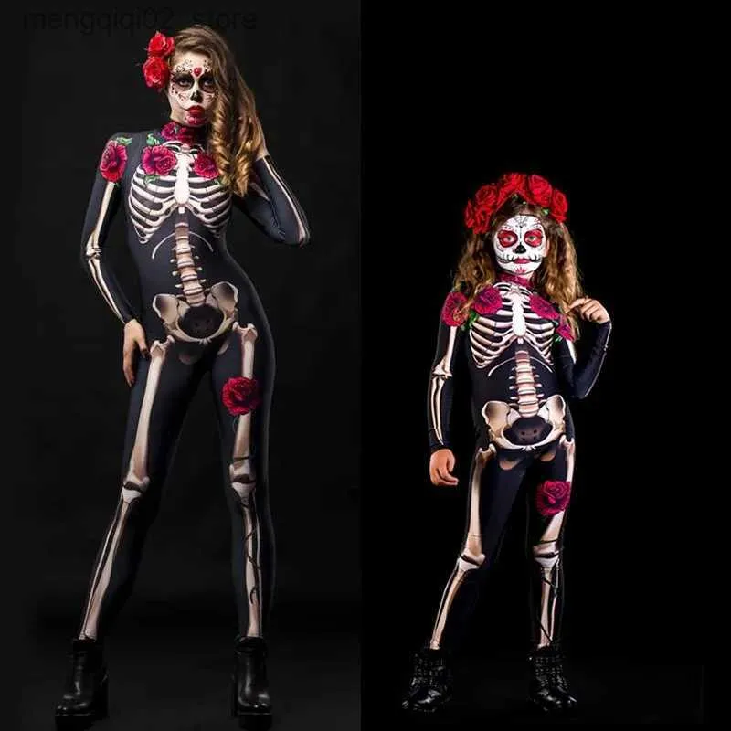 Tema Costume Halloween Rose Skeleton Adulti Bambini Scary Come Body Cosplay Tuta sexy Festa di carnevale Baby Girl Pagliaccetti Giorno dei morti Q231010