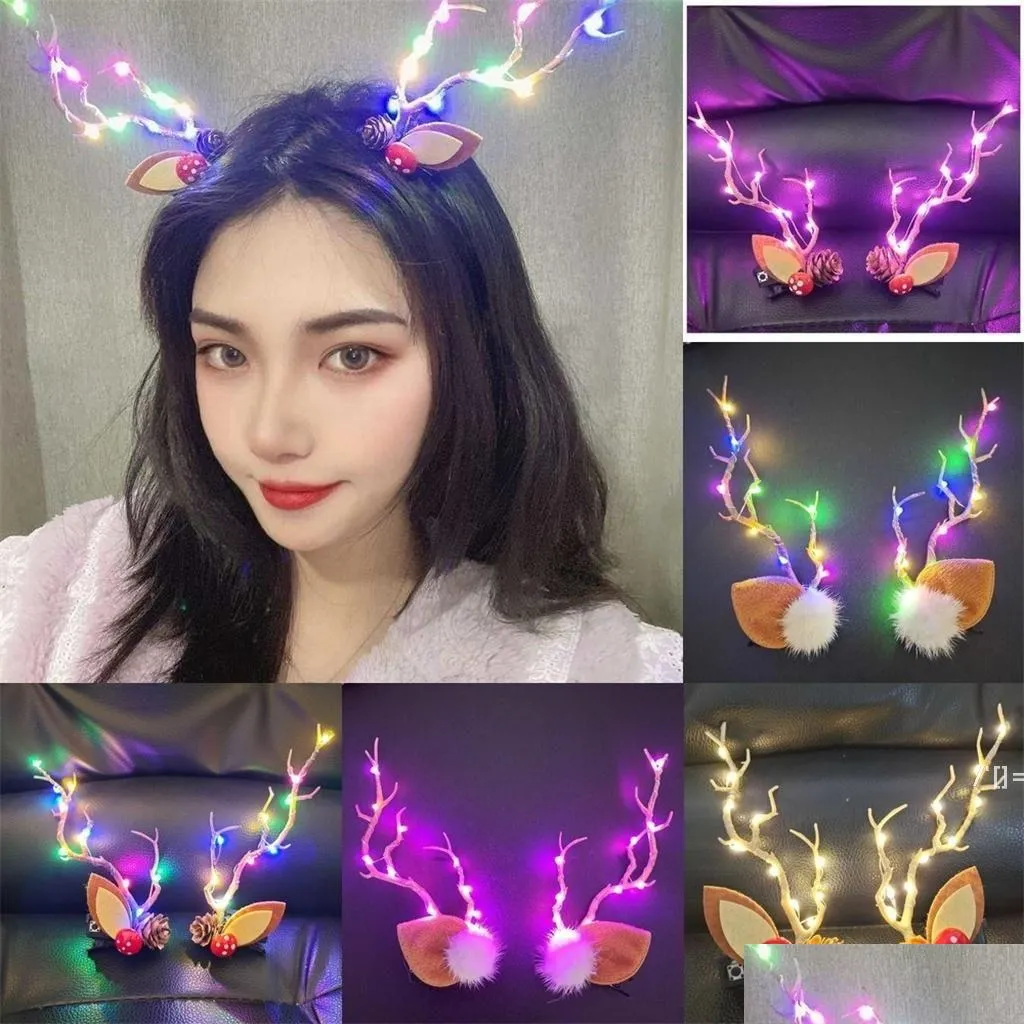 Party Favor Colorf LED Light Christmas Elk Horn Hair Pin Clips Luminous Antler Deer Hairpin Girls Xmas Gift Hairband 3D Reindeer Party Dhnko