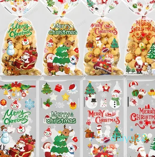 Christmas Decorations Candy Bag Gift Cookie Bags Biscuits Snack Plastic Transparent Packaging Party Decoration Supplies