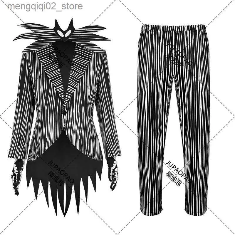 Thema Kostüm Nightmare Jack Cos Skellington Cosplay Kommen Mantel Hosen Outfit Halloween Karneval Party Verkleidung Anzug für Männer Männlich erwachsene Q231010