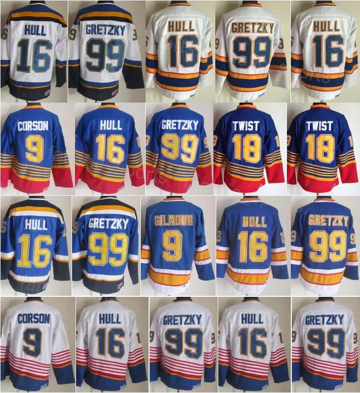 1995 1996 Retro Hockey Vintage 18 Tony Twist Jersey CCM Classic 16 Brett Hull 9 Doug Gilmour 99 Wayne Gretzky 2 Al Macinnis 77 Pierre Turgeon Retire Mens Blu Bianco