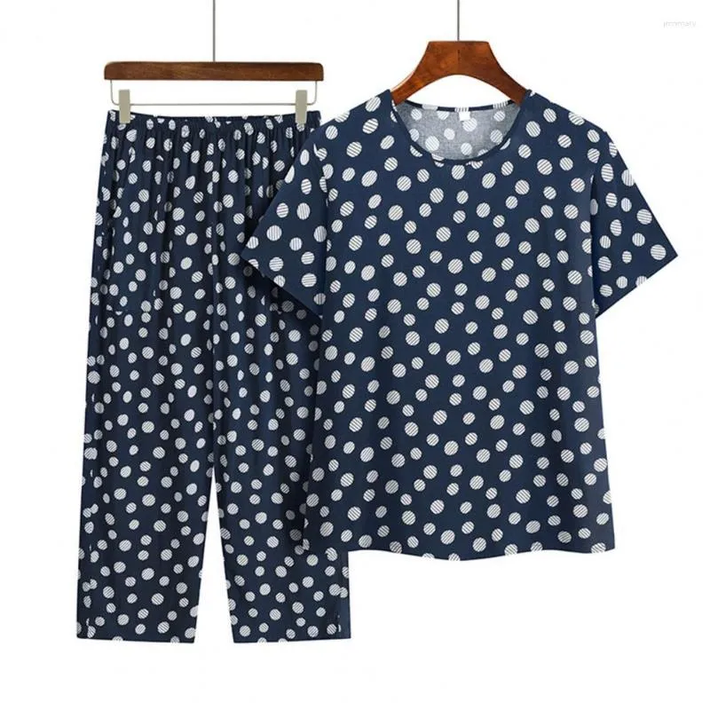 Zweiteilige Damenhose, atmungsaktiver Anzug, Damen-Pyjama, Blumendruck, Großmutter mittleren Alters, Homewear-Set, 2-teiliges Damen-Set mit weitem Bein