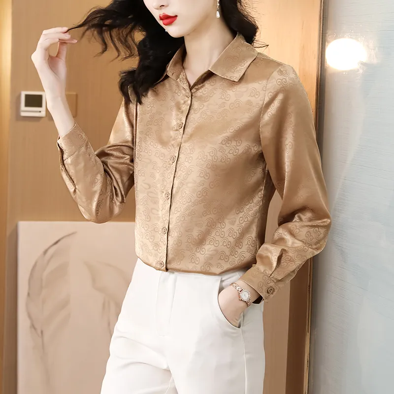 Vintage Fashion Silk Satin Gold Shirt Women Designer Lapel Runway Jacquard Blouses Autumn Winter Fine Elegant Button Up Shirt 2023 Office Lady Casual Tops Plus Size