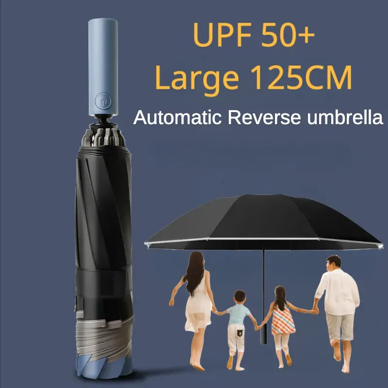 Parapluies coupe-vent solide 125CM grand 10 os 3 parapluie inversé pliant pour hommes sécurité bande réfléchissante pluie et parasol grands parapluies 231007