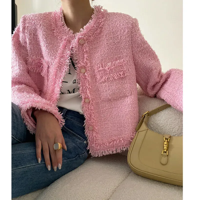 Mulheres jaquetas rosa franja pele ombro almofada tweed jaqueta blazer boucle colheita casaco para mulher primavera 231010