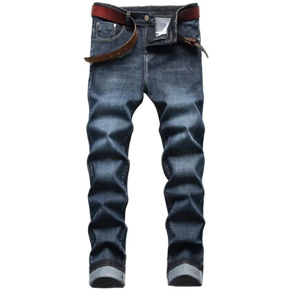 Mäns jeans män striht passar klassisk marinblå denim byxor man smart casual long elastic storlek 42305c