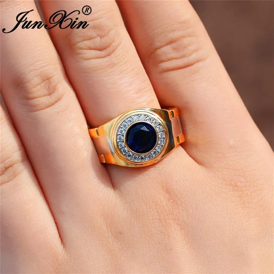 Anéis de casamento redondos com pedra azul para homens e mulheres, anel de promessa de cor dourada amarela, joia boho de zircônia cz282u