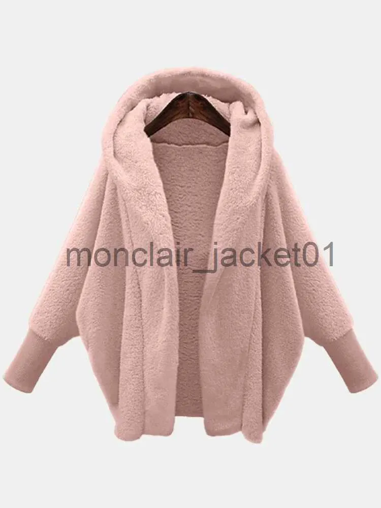 Kadın ceketleri moda kış kadın ceket 2022 çok sıcak büyük boyutlu katı yarasa kollu kapüşonlu gevşek peluş peluş kadınlar için giyim ceketi j231010