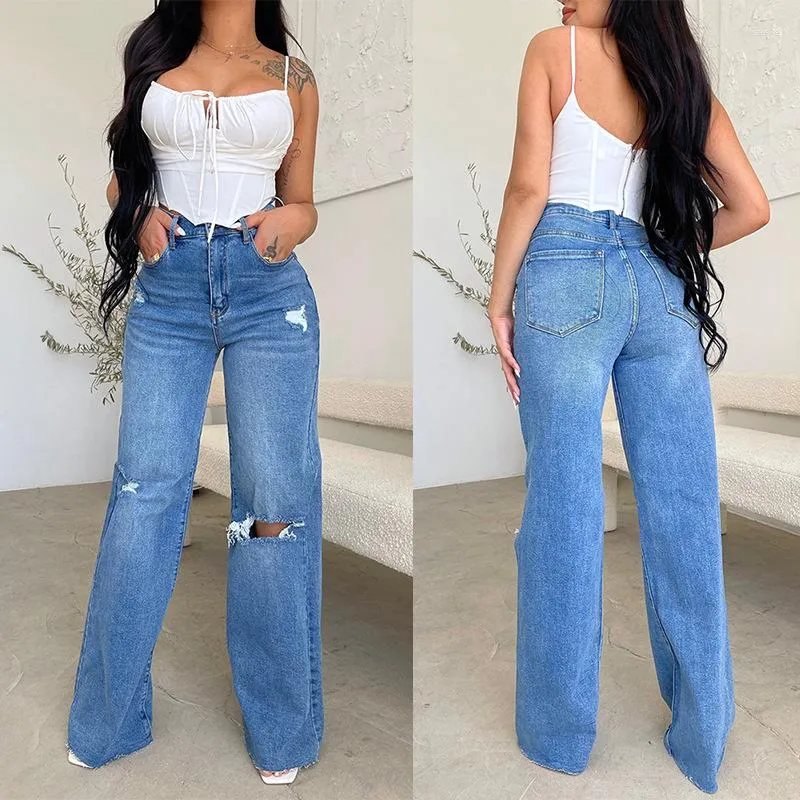 Kvinnors byxor 2023 blå rippad denim casual mode tight midja bred ben jeans kvinnor streetwear byxor ihåliga hål
