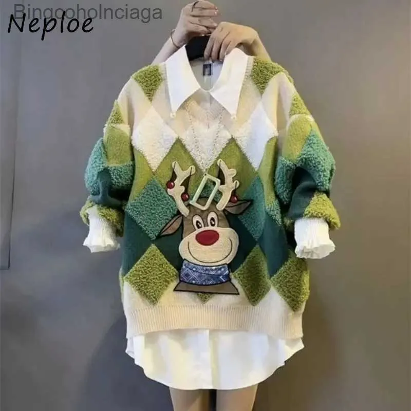 Maglioni da donna Neploe Abbigliamento donna Maglione Y2k Scollo a V Plaid Colore a contrasto Patchwork Pull Femme Autunno Inverno Manica lunga Maglioni nataliziL231010