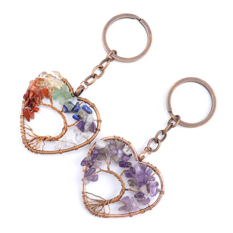 Porte-clés en pierre de cristal, arbre de vie en forme de cœur, puce des 7 chakras, porte-clés de Yoga de guérison
