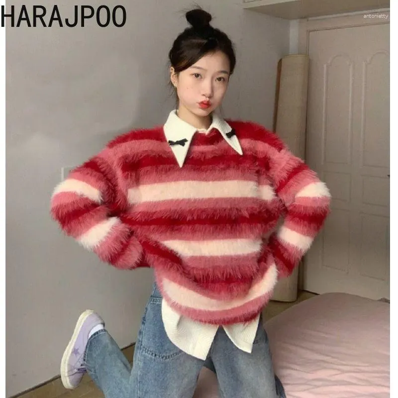 Women's Sweaters Harajpoo American Retro Striped Sweater 2023 Autumn Winter Women Beautiful Lazy Style Thickened Japanese Vintage Loose Knit