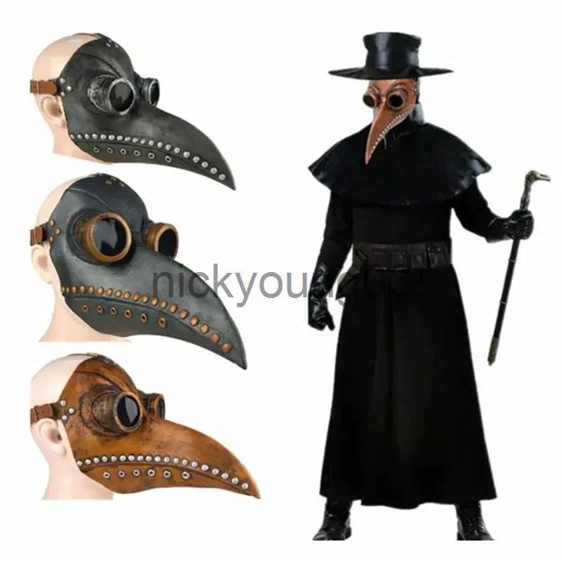 Tema kostym svart gummi pest doktor mask halloween lång näsfågel beek steampunk gas latex ansiktsmask cosplay prop för barn och vuxen x1010