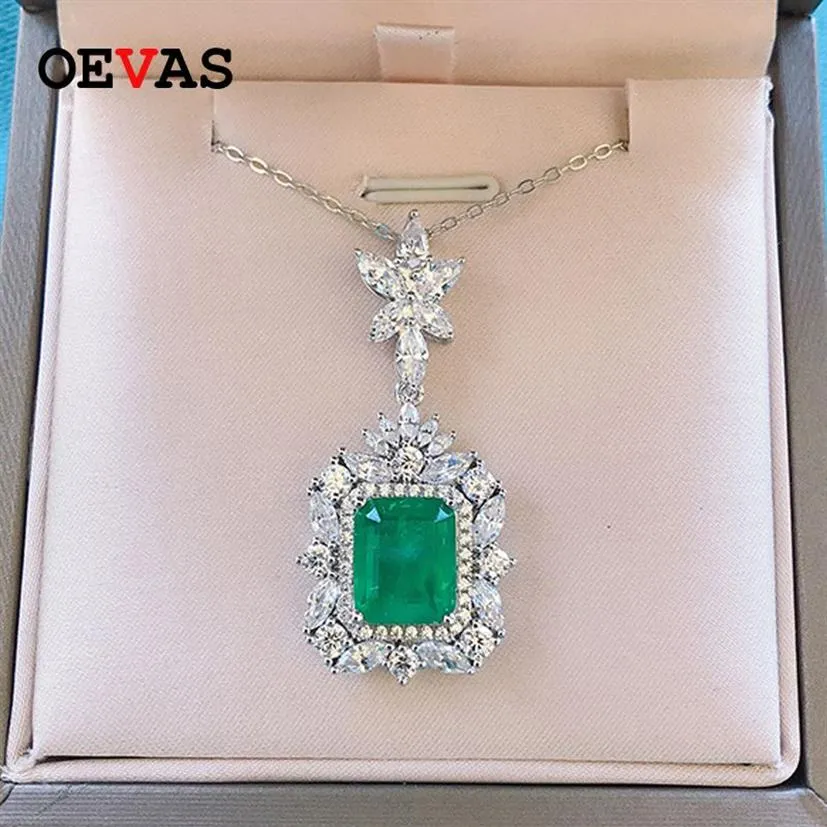 OEVAS 100% 925 Sterling Silver 9 11mm Synthetic Emerald Pendant Necklace For Women Sparkling High Carbon Diamond Fine Jewelry193R