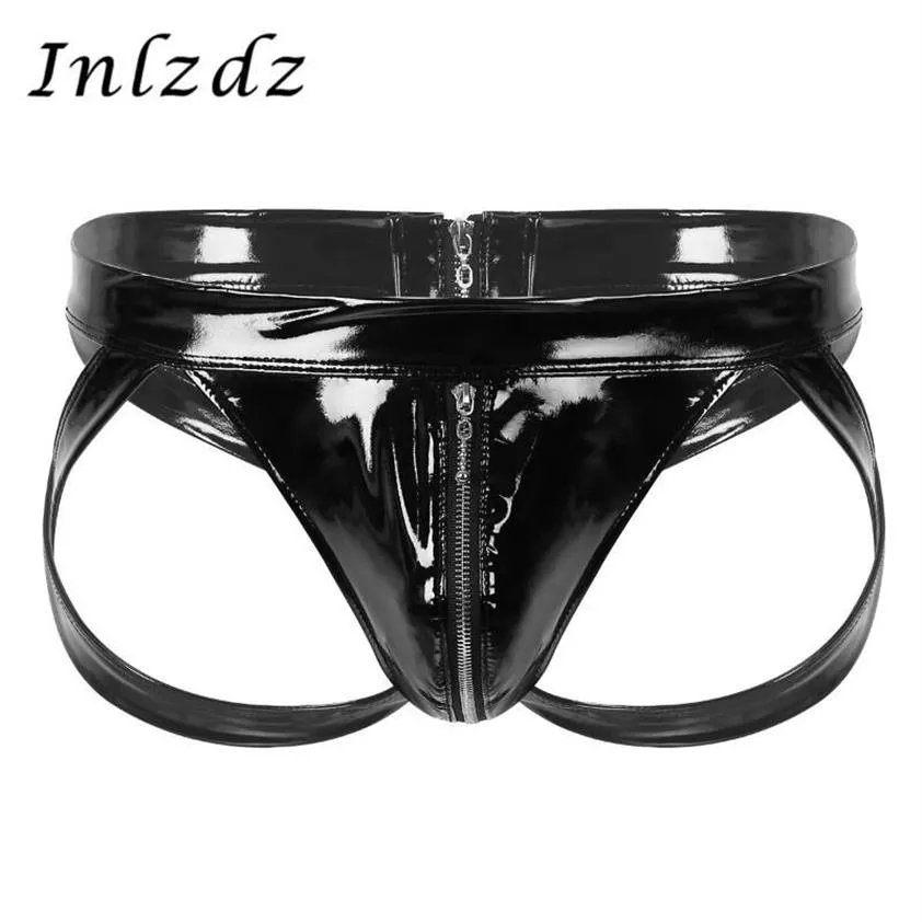 Mens Sex Underwear Wet Look Patent Leather Lingerie Briefs Low Rise Bulge Pouch Back Cut Out Double-Ended Zipper Jockstrap276f