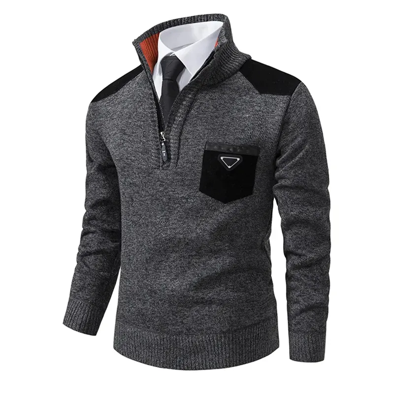 스웨터 PRA 패션 디자이너 남자 니트 스웨터 가슴 주머니 삼각형 장식 긴 소매 스웨터 스탠드 칼라 플러스 벨벳 thicke