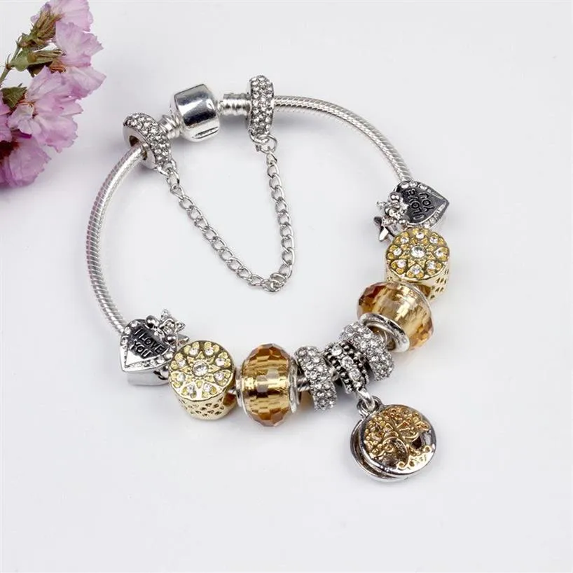 Whole-Glass Charm Bracelets Bead Christmas yellow Flower CZ Crystal Charms Dangle For Women Original DIY Jewelry Style Fit Pan212s