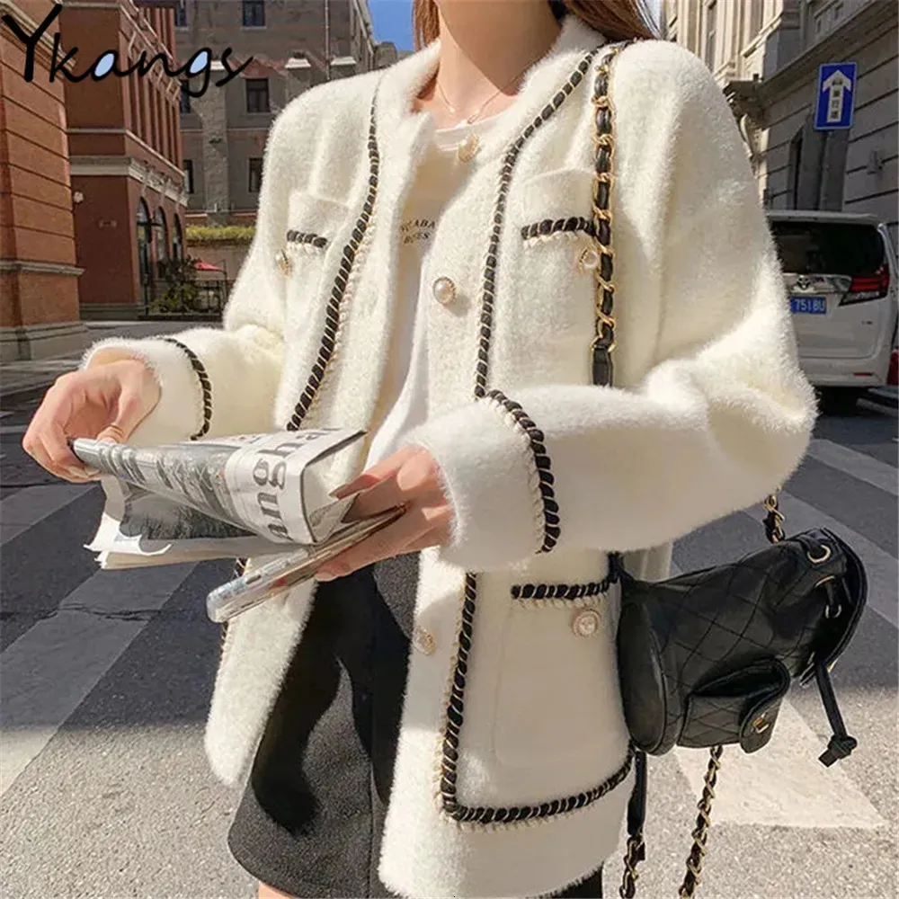 Femmes Vestes Blanc Vison Cachemire Pull Manteau Femmes Automne Hiver Paresseux Style Femme Coréenne Rétro Noir Lâche O Cou Tricoté Cardigan Mode 231010