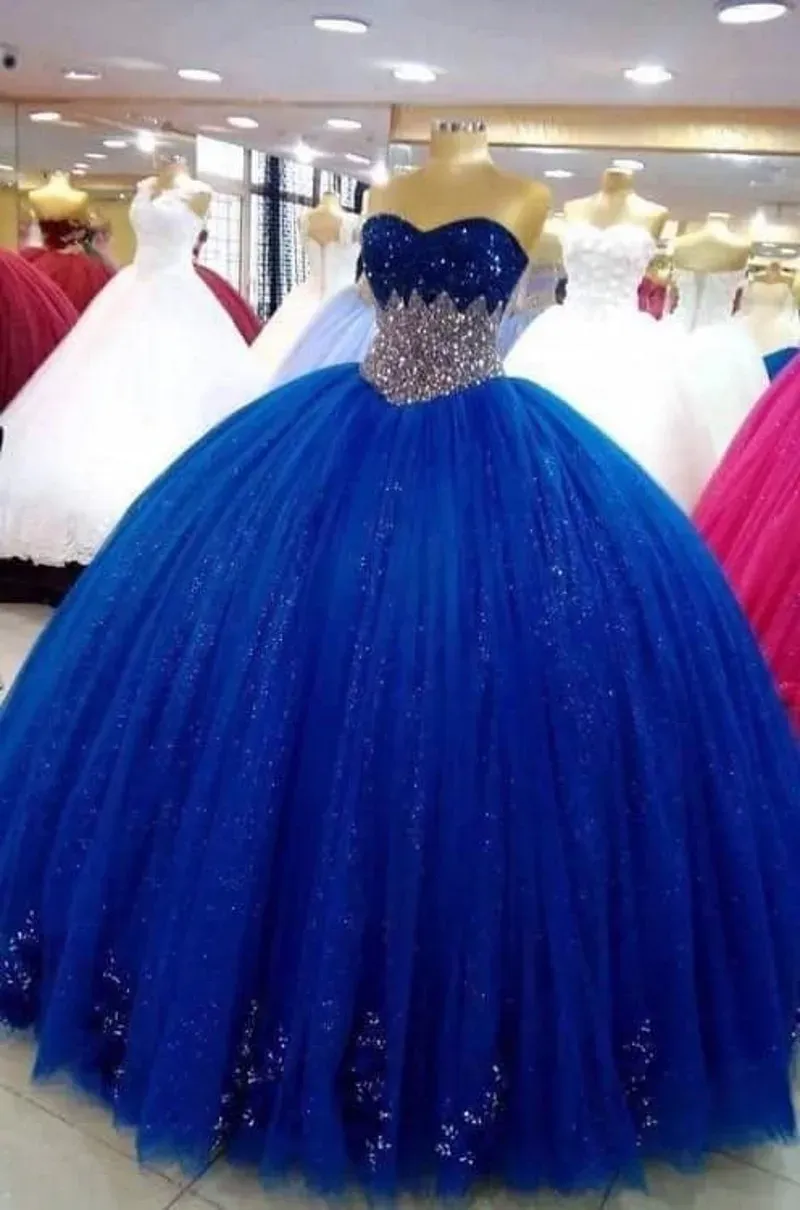 Принцесса Sweet 16 Quinceanera Платья 2023 Кристалл Бисер Королевского Синего Тюля Бальное Платье Выпускного Вечера Кружева Аппликации Длина Пола Принцесса Вечернее Платье Свадебные платья