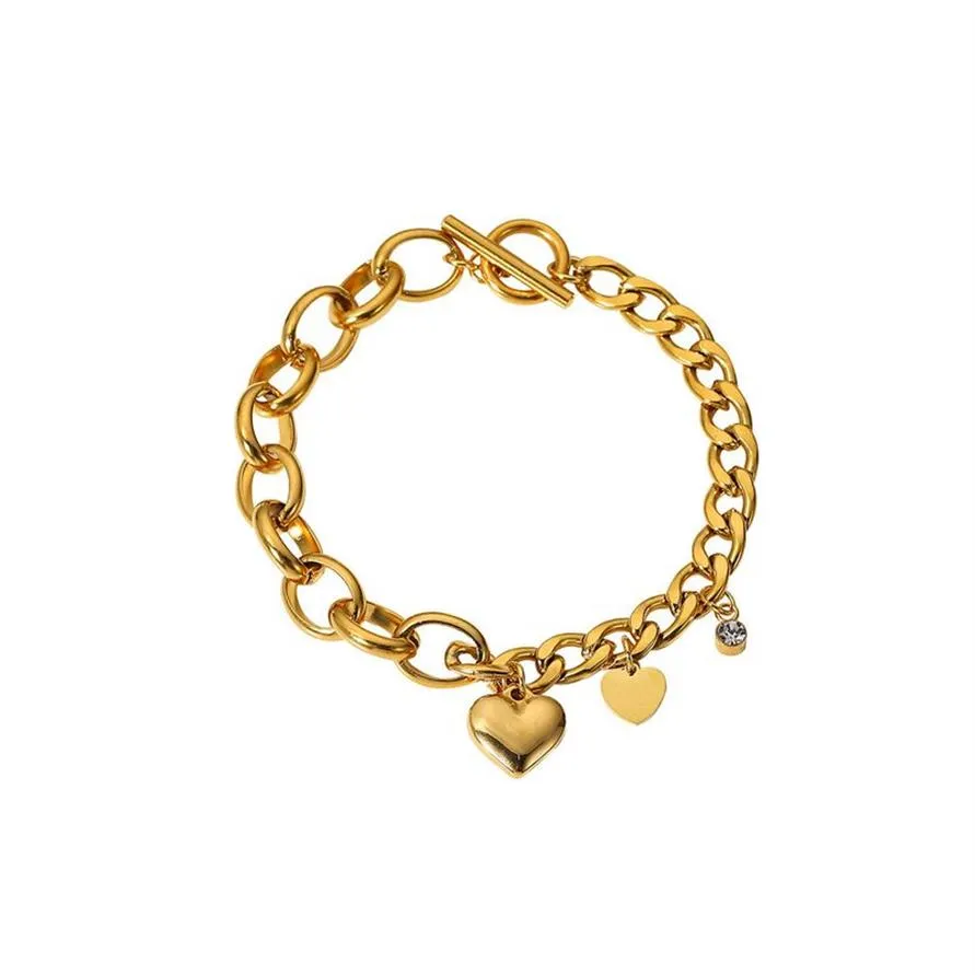 Bracelets à chaîne cubaine en or 18 carats, breloques en forme de cœur, bijoux en acier inoxydable pour femmes, Pulsera166p