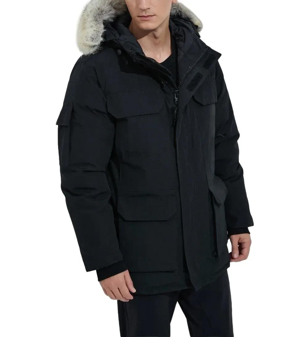 Gänsedaunenmantel für Herren, Winterjacke, echter Wolfspelzkragen, Kapuze, warme und winddichte Outdoor-Mäntel mit abnehmbarer Mütze, Parka, Schwarz, Blau, Rot, Herren-Oberbekleidung, Daunenjacke