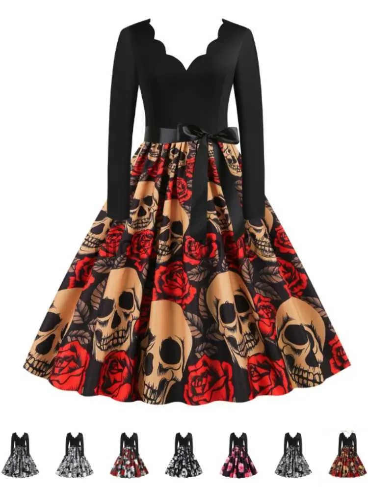 Kostium motywu Retro Halloween Party Dress Women 2023 Autumn Long Sleeve V Neck 50s 60s Vintage Pinup Przerażające kostiumy czarownice Skull Drukuj Vestidos X1010