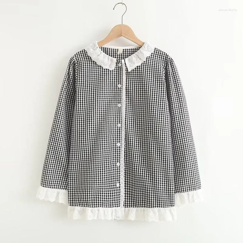 Camicette da donna Camicetta a maniche lunghe con colletto rovesciato in pizzo Kawaii Donna Lolita Primavera Autunno Ragazze adolescenti Babydoll Top Camicia a quadri in cotone