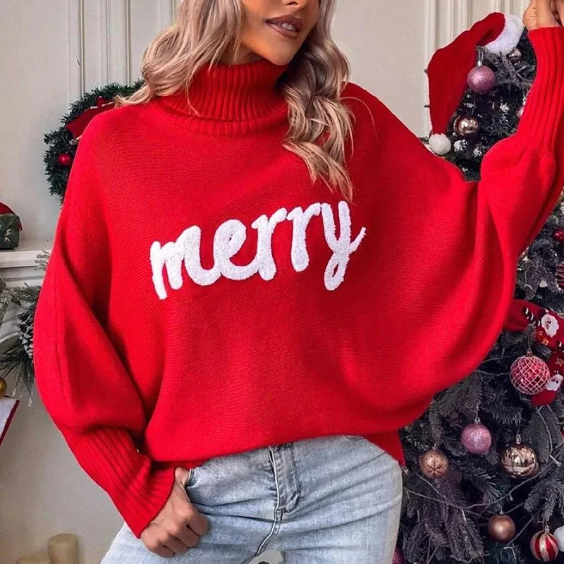 Chandails pour femmes Automne Hiver Pull Femmes Vacances Rouge Joyeux Lettres Lâche Col Roulé Manches Chauve-Souris Hauts Pullover Jumper 38916 231010