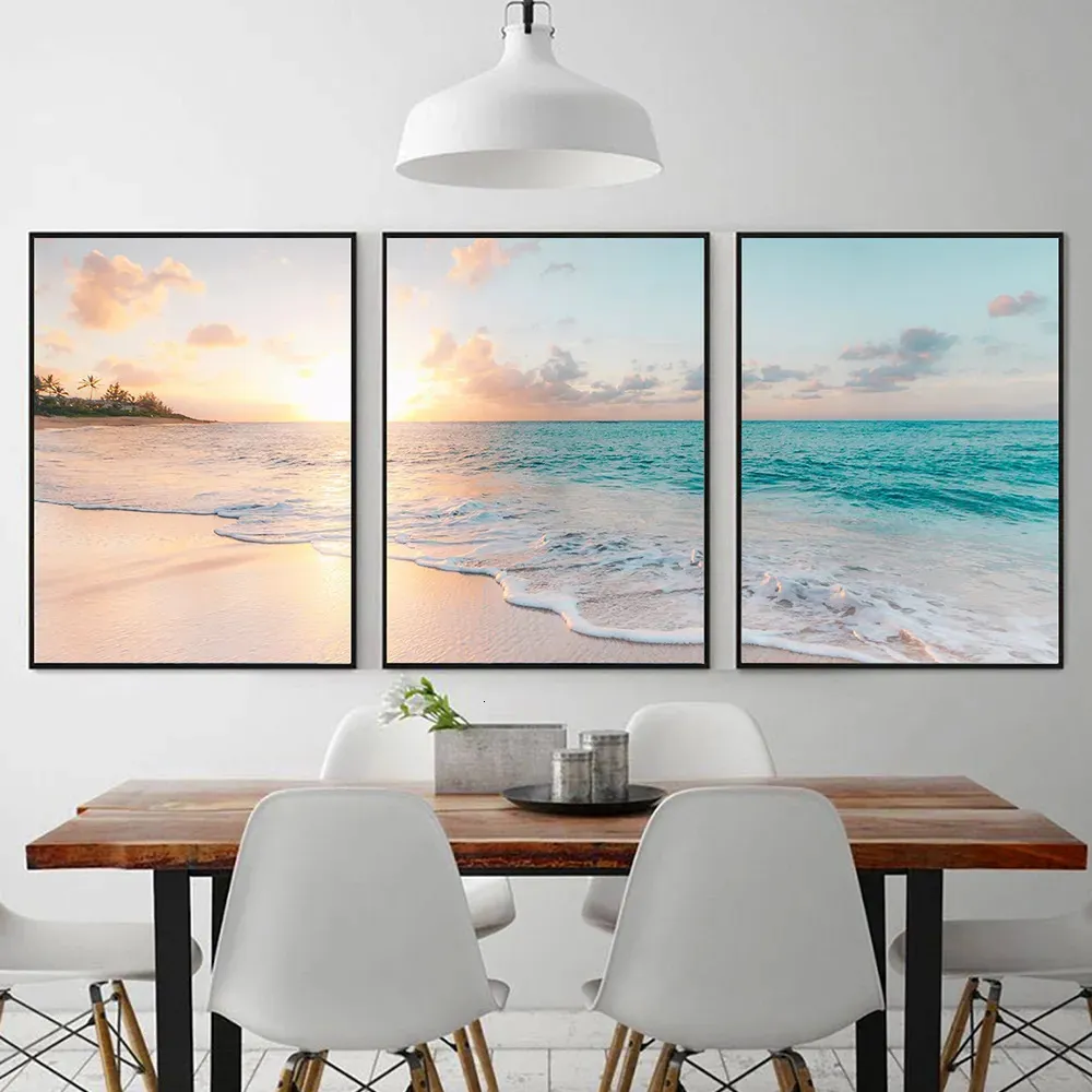 Dipinti Poster su spiaggia Dipinti su tela Onde Stampe Set di 3 Decorazioni per l'oceano Immagini di paesaggi marini costieri per soggiorno Decorazione della casa Regali 231009