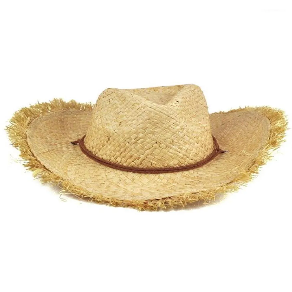 Brede Rand Hoeden Mode Cap Unisex Gevederde Rand Natuurlijk Stro Cowboy Zonnehoed Heren Dames 1245S