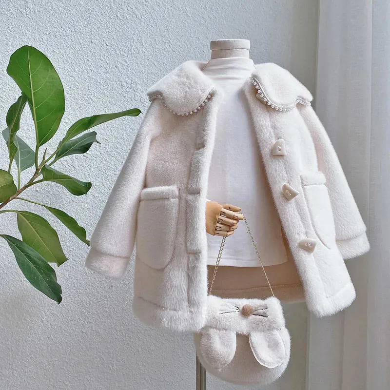 Coat Kids Girls Jacket Outwear 2023 Sweet Faux päls varm plus sammet tjockare vinter ylle utomhus fleece barnkläder 231009