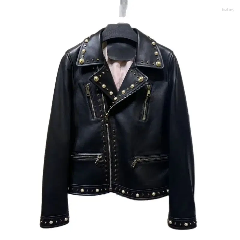 Veste en cuir véritable de haute qualité pour femmes, col rabattu, vêtements courts, arrivée Moto Style motard, perles, 2023