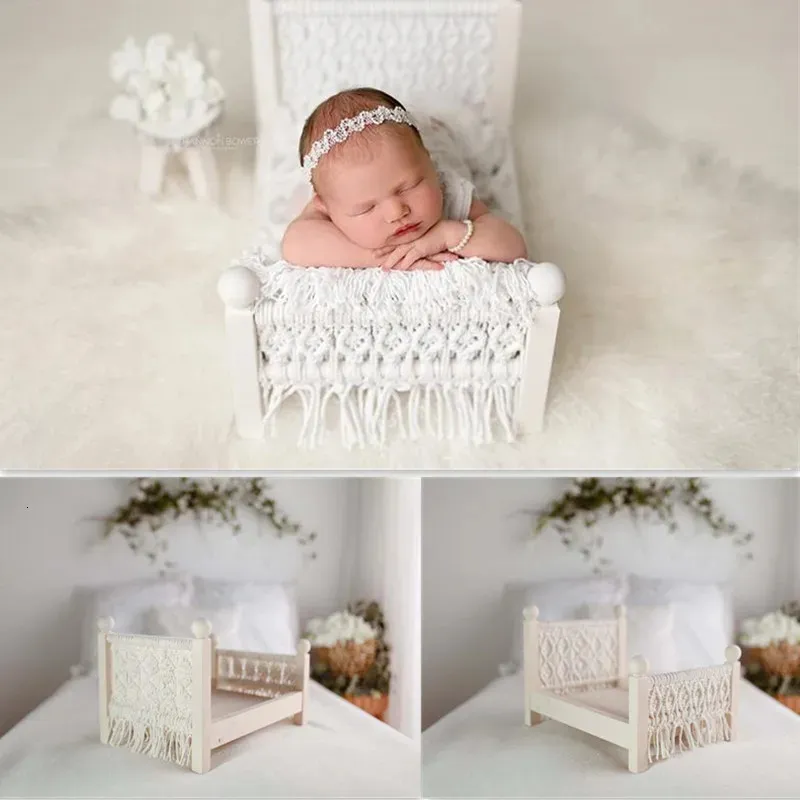 Newborn Photography Props Baby Photo Bed White Shooting Assisted Solid Wood Hand-woven Props Posing Props With Tassels Big Prop