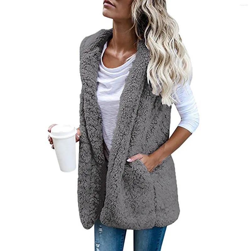 Chalecos de mujer Fluffy Fleece Sin mangas Chaleco con capucha Abrigo Casual Sólido Bolsillo Mujeres Tops 2023 Otoño Invierno All-Match Chaqueta cálida Lady