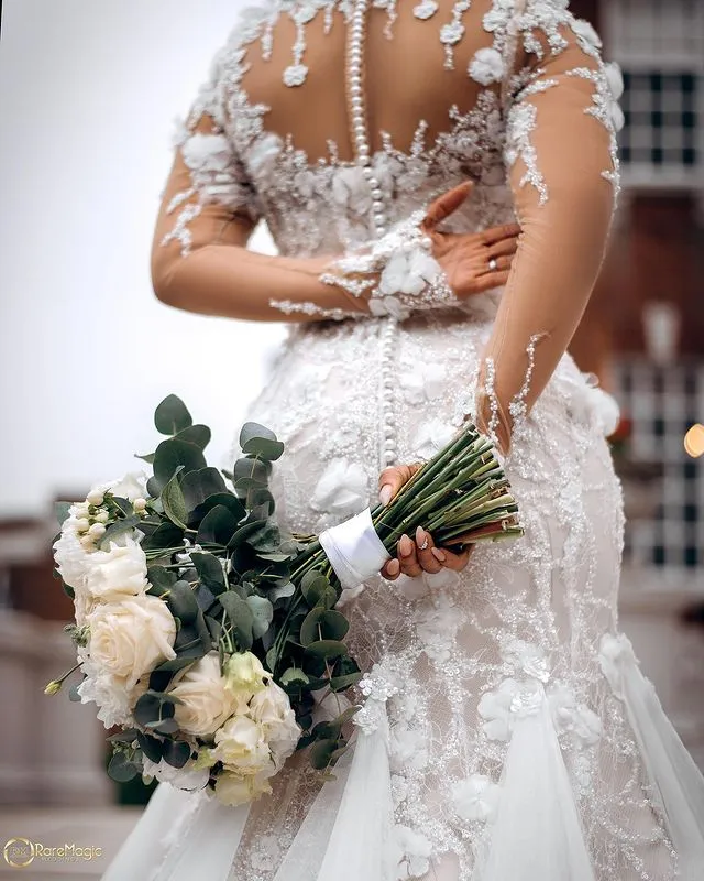 Arabic Lace mermaid jeweled wedding dress with Beaded Flowers - Plus Size (2023 Oct) - Bridal Gown (ZJ066)