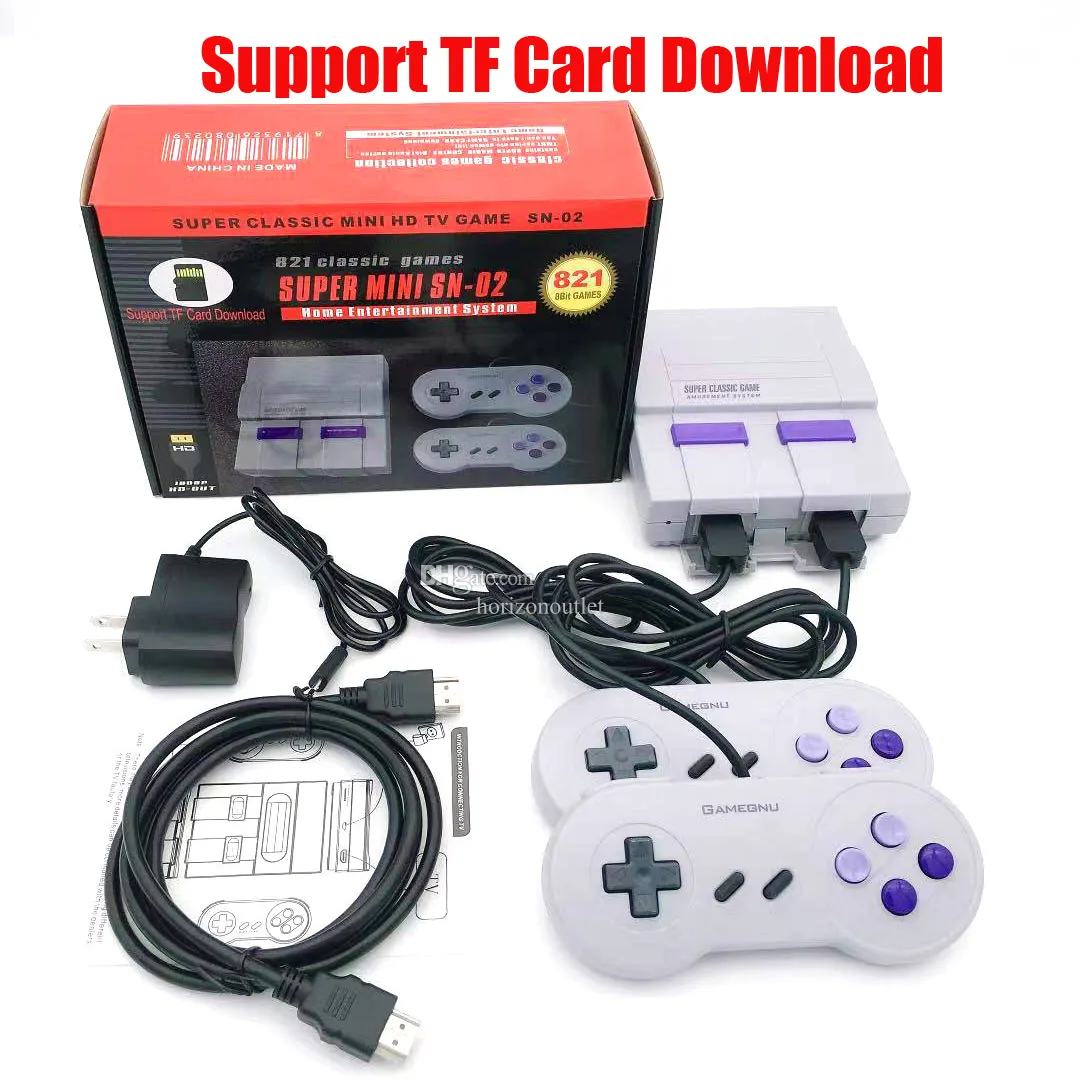 Super Mini SN-02 Console di gioco retrò con doppio controller Classic HD 1080p TV Out Home Video Gaming Giocatori integrati integrati 821 a 8 bit Support Card Download giochi per SFC SNES